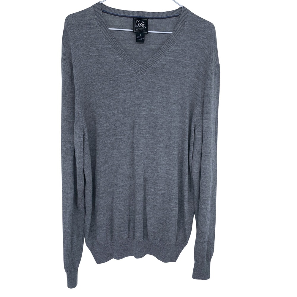 Jos A Bank Traveler‎ Merino Wool V Neck Sweater Mens XL Grey Long Sleeve Casual